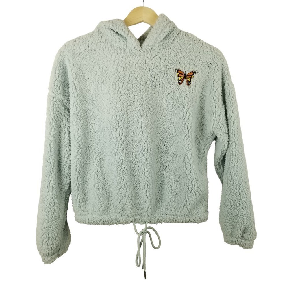 Planet Gold Small Aqua Blue Teddy Sherpa Fleece Hoodie Cropped Butterfly